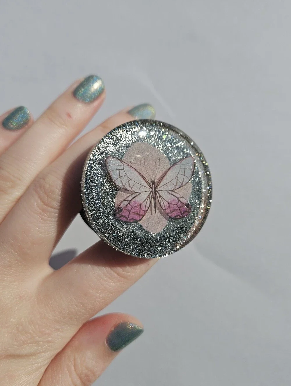 Handmade Pink Butterfly & Flower Resin Phone Grip Whimsical Cute Silver Glitter